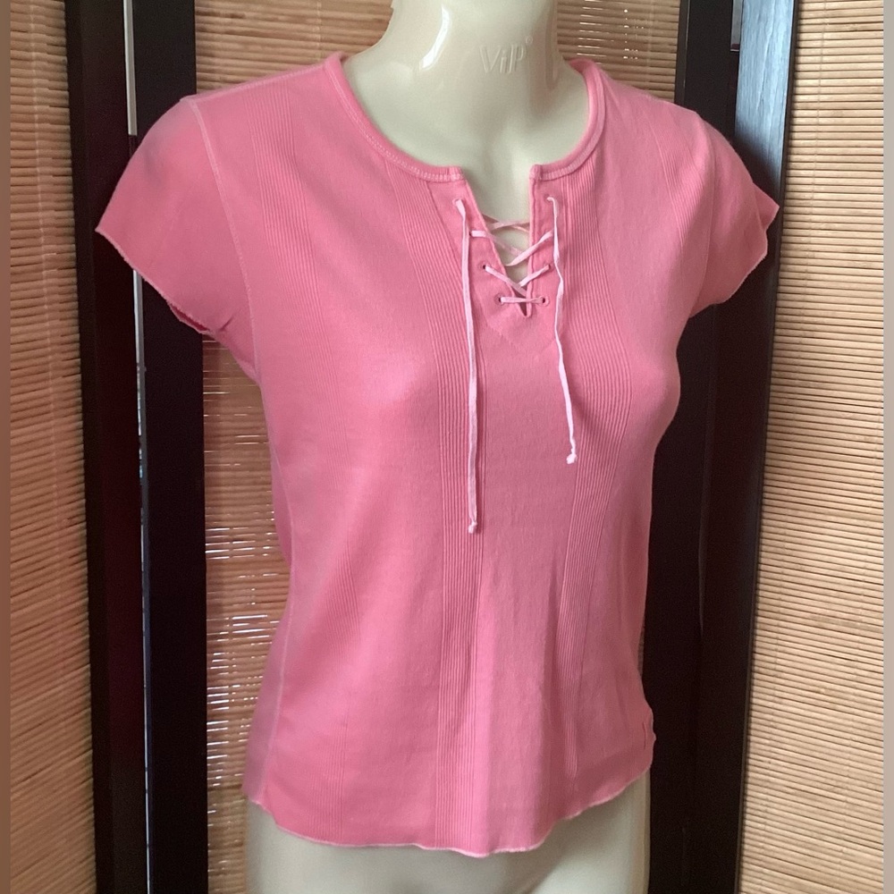 💗 Y2K Vintage American Eagle Outfitters Lace-Up baby tee Sz S pink cotton